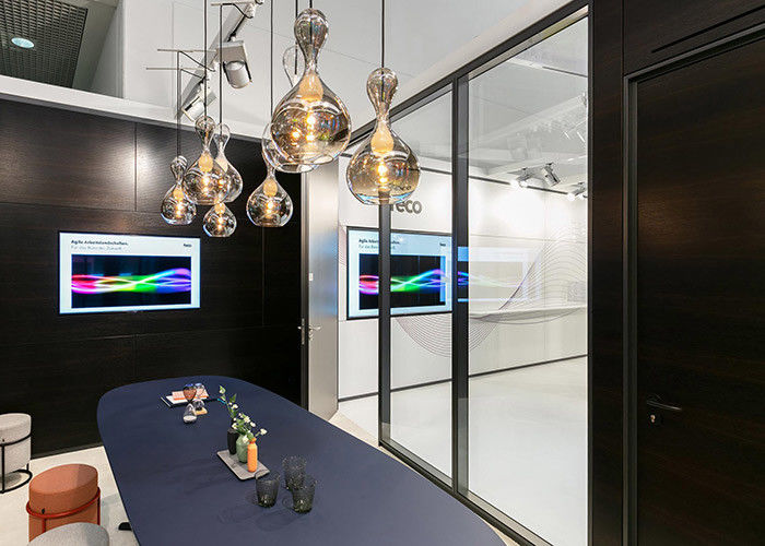 Modern demountable modular glazed wall system with venetian blind system windor panel