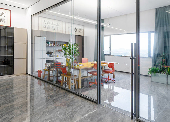 Office Partition Walls Convenient Sliding Door Glass With Track Lock Hardware Long Handle Save Space